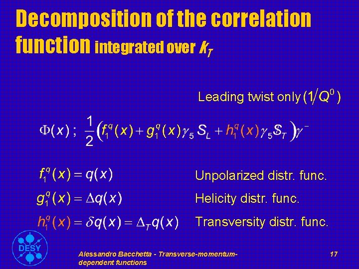 Decomposition of the correlation function integrated over k. T Leading twist only Unpolarized distr.