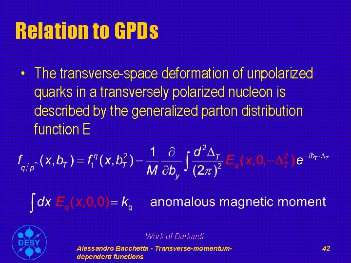 Relation to GPDs • The transverse-space deformation of unpolarized quarks in a transversely polarized