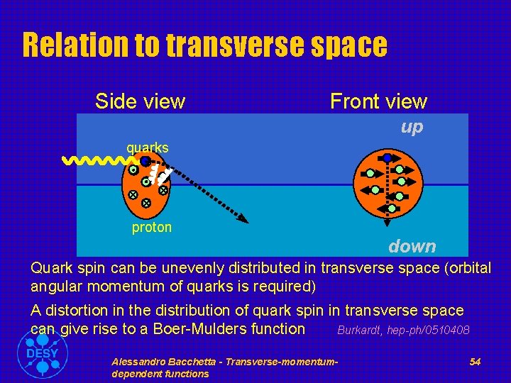 Relation to transverse space Side view Front view up quarks proton down Quark spin