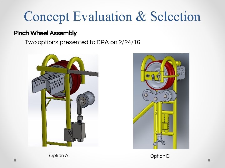 Concept Evaluation & Selection Pinch Wheel Assembly Two options presented to BPA on 2/24/16