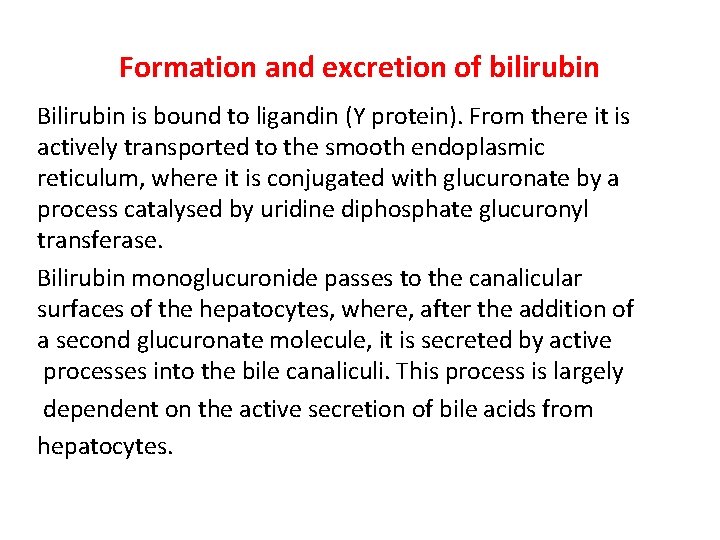 Formation and excretion of bilirubin Bilirubin is bound to ligandin (Y protein). From there