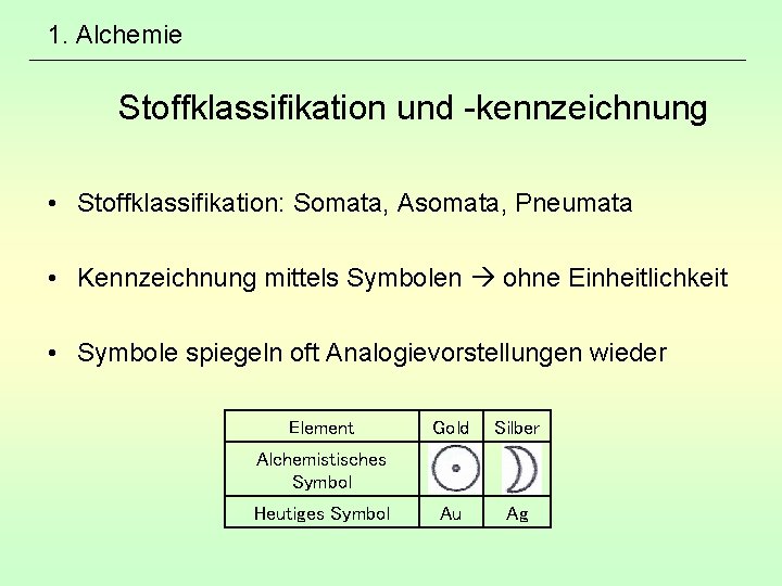 1. Alchemie Stoffklassifikation und -kennzeichnung • Stoffklassifikation: Somata, Asomata, Pneumata • Kennzeichnung mittels Symbolen