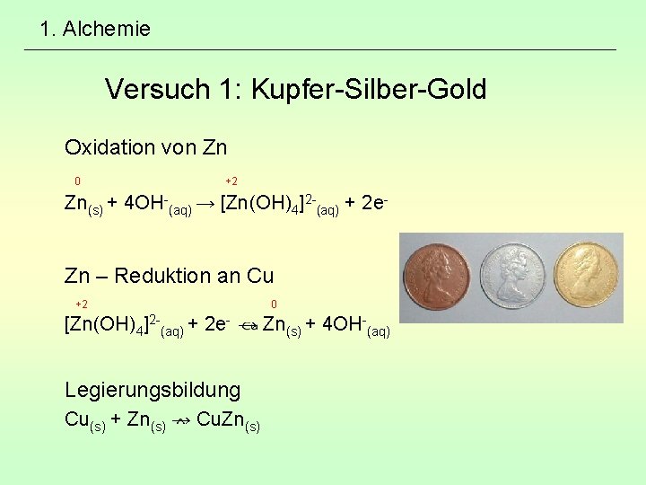 1. Alchemie Versuch 1: Kupfer-Silber-Gold Oxidation von Zn 0 +2 Zn(s) + 4 OH-(aq)