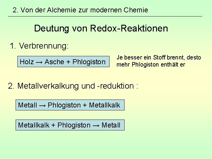 2. Von der Alchemie zur modernen Chemie Deutung von Redox-Reaktionen 1. Verbrennung: Holz →