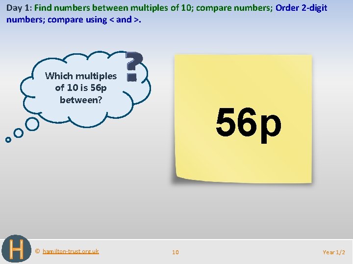 Day 1: Find numbers between multiples of 10; compare numbers; Order 2 -digit numbers;