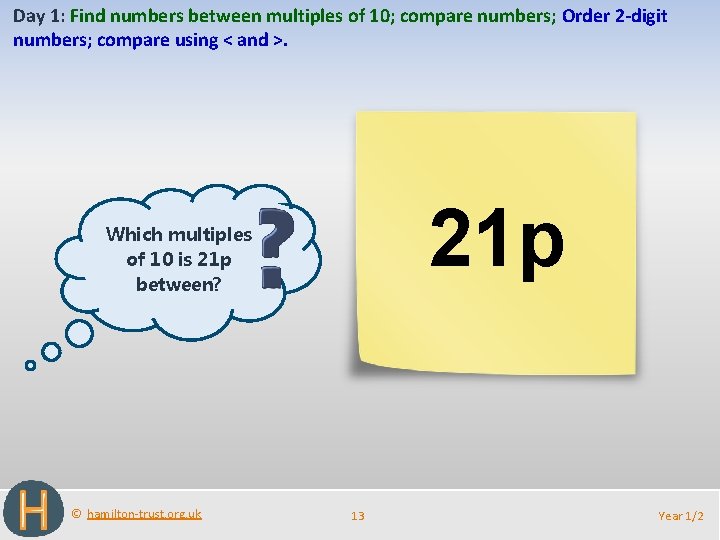 Day 1: Find numbers between multiples of 10; compare numbers; Order 2 -digit numbers;