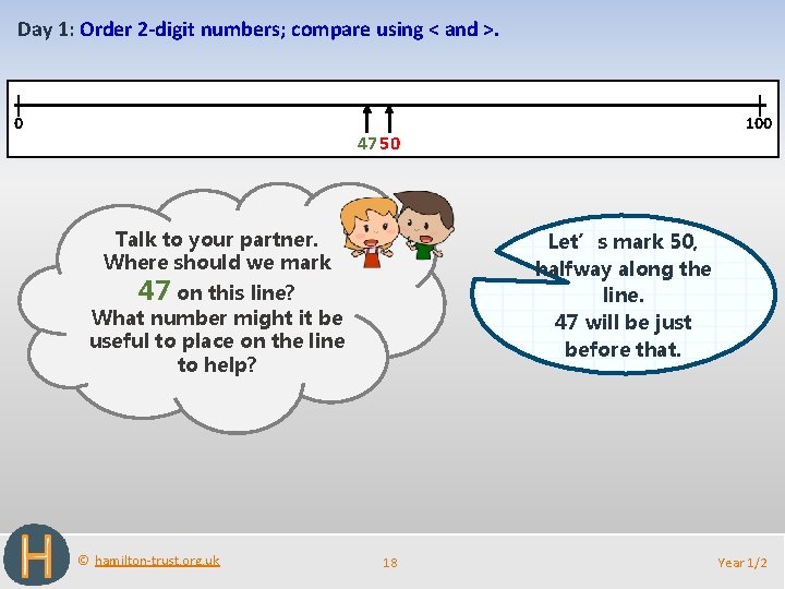 Day 1: Order 2 -digit numbers; compare using < and >. 0 100 47