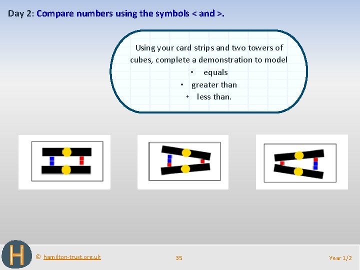 Day 2: Compare numbers using the symbols < and >. Using your card strips