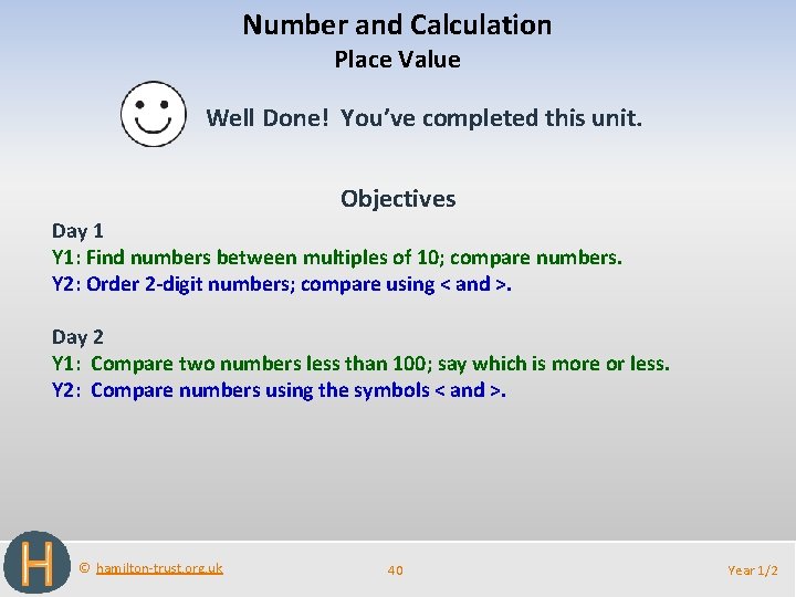 Number and Calculation Place Value Well Done! You’ve completed this unit. Objectives Day 1