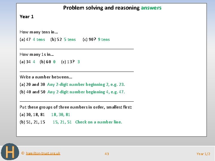Problem solving and reasoning answers Year 1 How many tens in… (a) 47 4