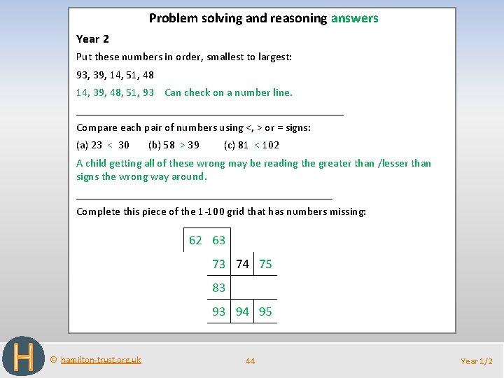 Problem solving and reasoning answers Year 2 Put these numbers in order, smallest to