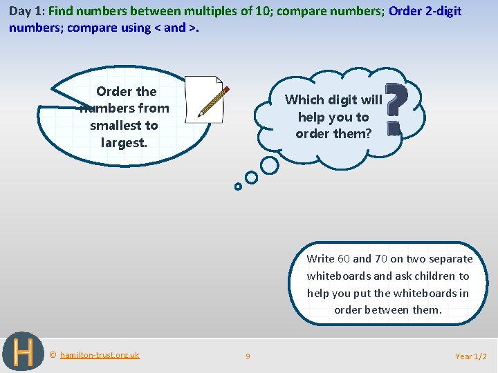 Day 1: Find numbers between multiples of 10; compare numbers; Order 2 -digit numbers;
