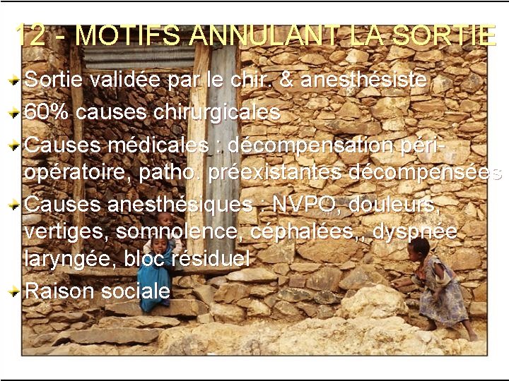 12 - MOTIFS ANNULANT LA SORTIE Sortie validée par le chir. & anesthésiste 60%