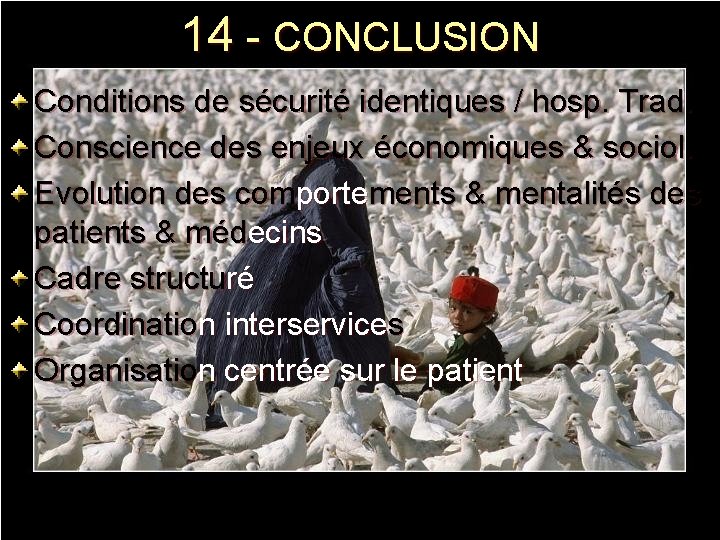 14 - CONCLUSION Conditions de sécurité identiques / hosp. Trad. Conscience des enjeux économiques