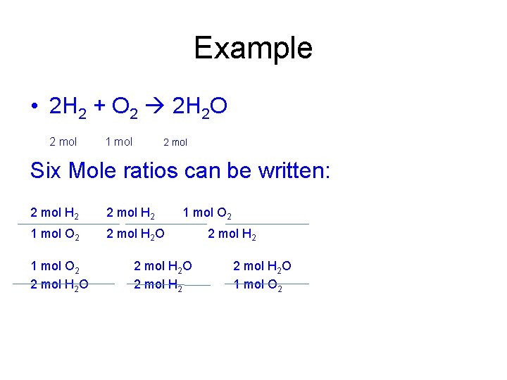 Example • 2 H 2 + O 2 2 H 2 O 2 mol
