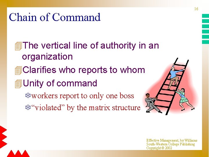 16 Chain of Command 4 The vertical line of authority in an organization 4