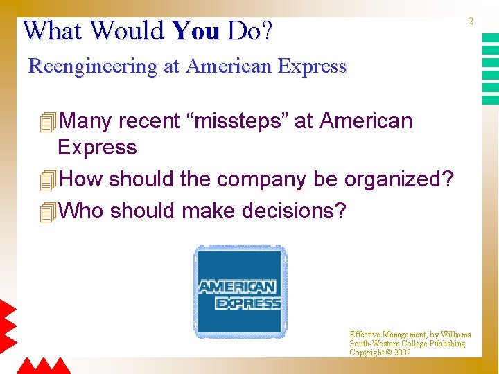 What Would You Do? 2 Reengineering at American Express 4 Many recent “missteps” at