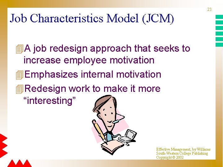 Job Characteristics Model (JCM) 23 4 A job redesign approach that seeks to increase