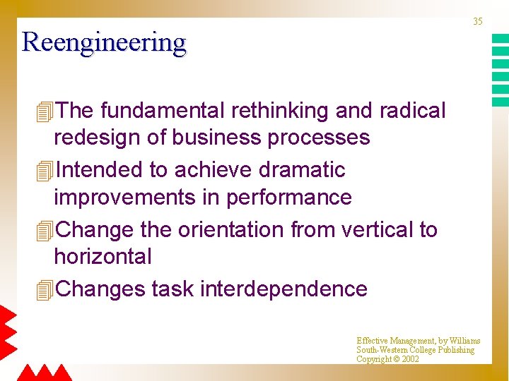 35 Reengineering 4 The fundamental rethinking and radical redesign of business processes 4 Intended