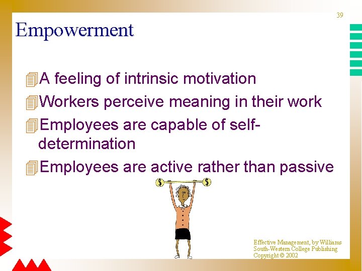 39 Empowerment 4 A feeling of intrinsic motivation 4 Workers perceive meaning in their