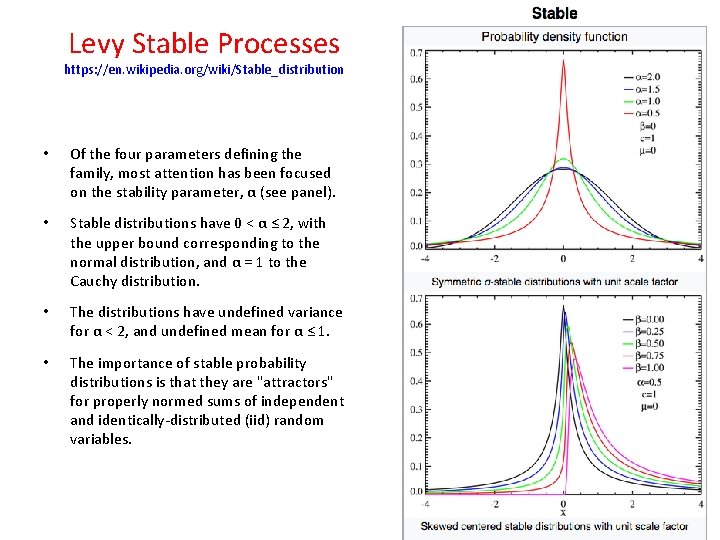 Levy Stable Processes https: //en. wikipedia. org/wiki/Stable_distribution • Of the four parameters defining the