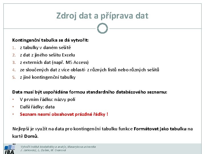Zdroj dat a příprava dat Kontingenční tabulka se dá vytvořit: 1. z tabulky v Zdroj dat a příprava dat Kontingenční tabulka se dá vytvořit: 1. z tabulky v