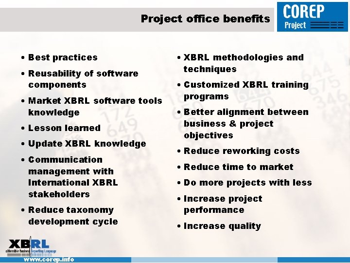 Project office benefits • Best practices • Reusability of software components • Market XBRL