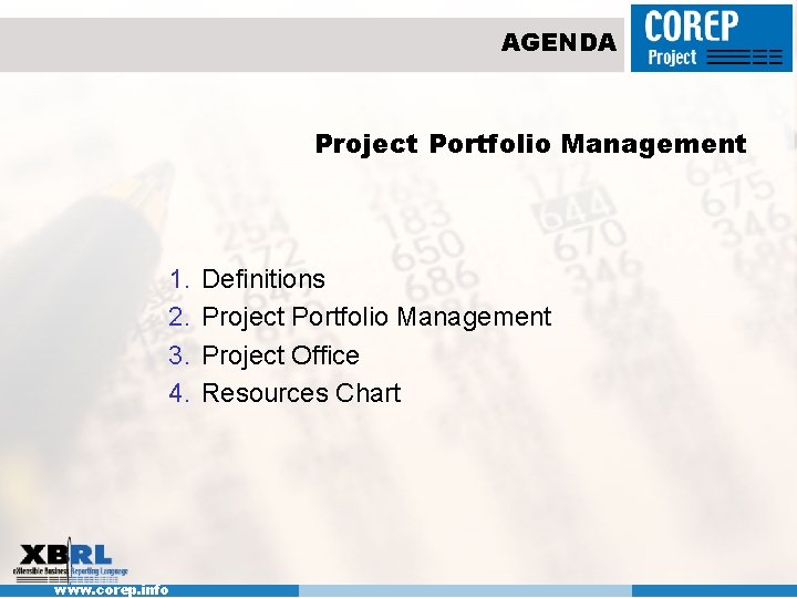 AGENDA Project Portfolio Management 1. 2. 3. 4. www. corep. info Definitions Project Portfolio