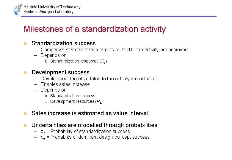 Helsinki University of Technology Systems Analysis Laboratory Milestones of a standardization activity n Standardization
