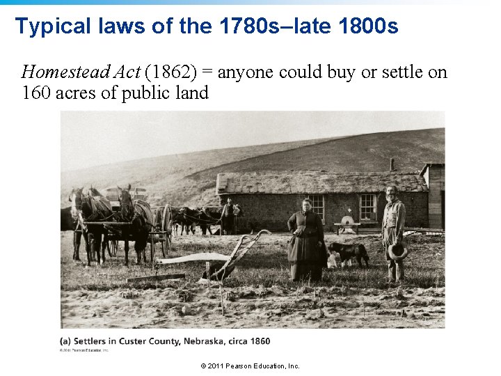 Typical laws of the 1780 s–late 1800 s Homestead Act (1862) = anyone could