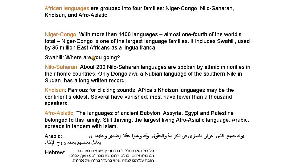 African languages are grouped into four families: Niger-Congo, Nilo-Saharan, Khoisan, and Afro-Asiatic. Niger-Congo: With