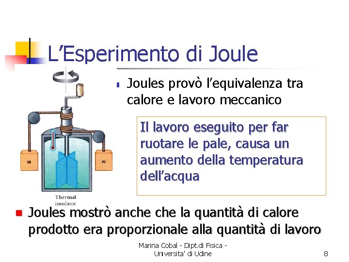 L’Esperimento di Joule n Joules provò l’equivalenza tra calore e lavoro meccanico Il lavoro