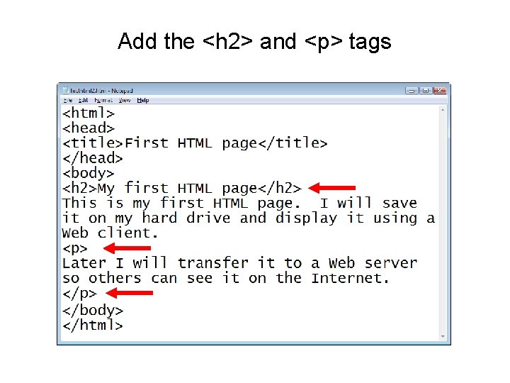Add the <h 2> and <p> tags 