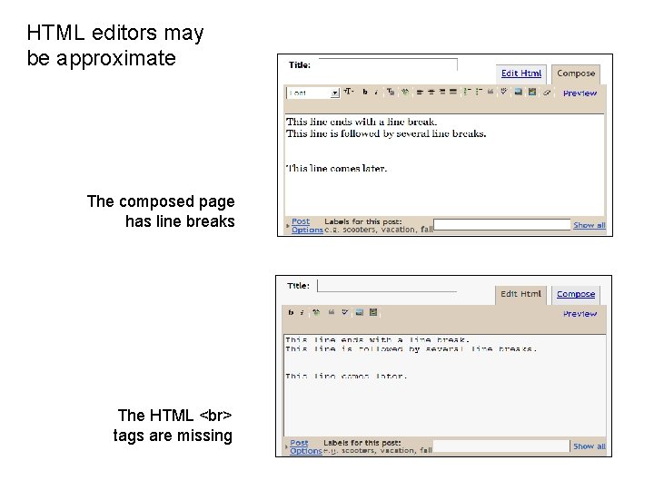 HTML editors may be approximate The composed page has line breaks The HTML tags