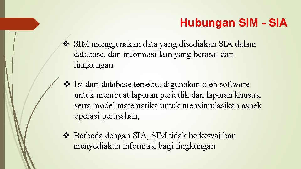 Hubungan SIM - SIA v SIM menggunakan data yang disediakan SIA dalam database, dan