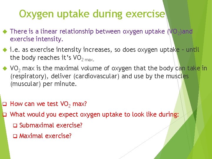 Oxygen uptake during exercise There is a linear relationship between oxygen uptake (VO 2)and