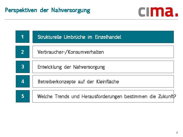 Perspektiven der Nahversorgung 1 Strukturelle Umbrüche im Einzelhandel 2 Verbraucher-/Konsumverhalten 3 Entwicklung der Nahversorgung