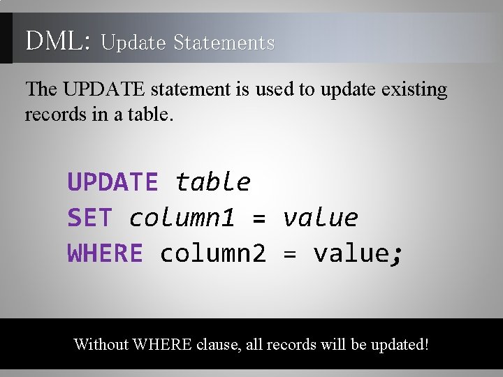 DML: Update Statements The UPDATE statement is used to update existing records in a DML: Update Statements The UPDATE statement is used to update existing records in a
