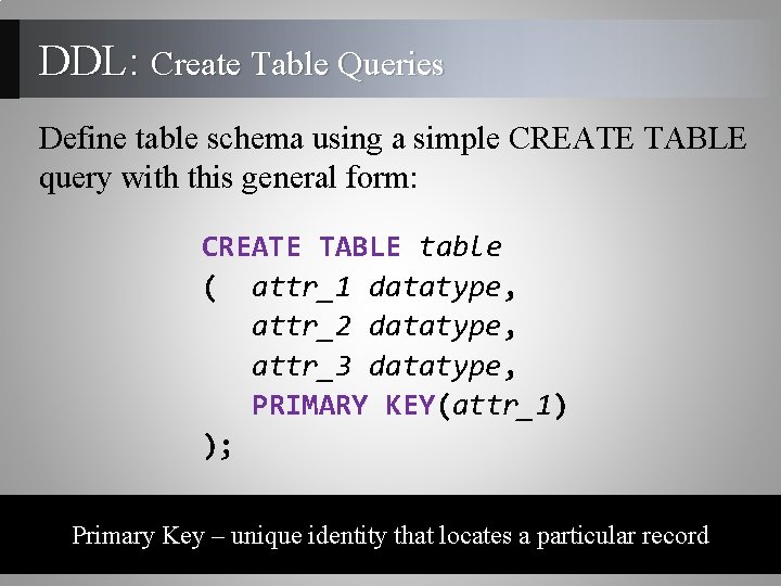 DDL: Create Table Queries Define table schema using a simple CREATE TABLE query with DDL: Create Table Queries Define table schema using a simple CREATE TABLE query with