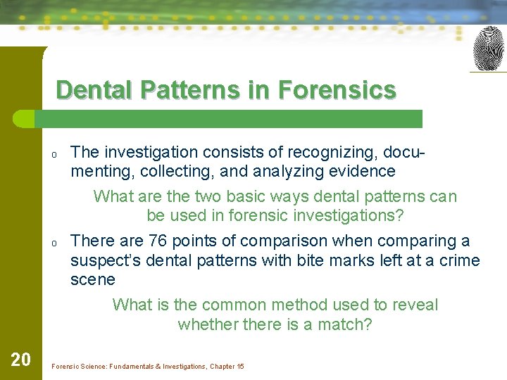 Dental Patterns in Forensics o o 20 The investigation consists of recognizing, documenting, collecting,