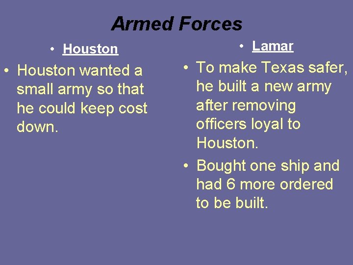 Armed Forces • Houston wanted a small army so that he could keep cost