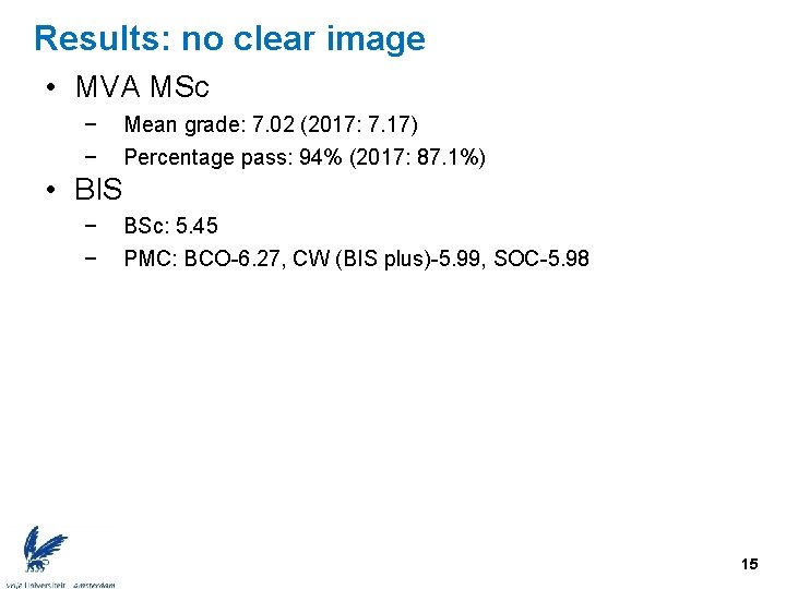 Results: no clear image • MVA MSc − − Mean grade: 7. 02 (2017: