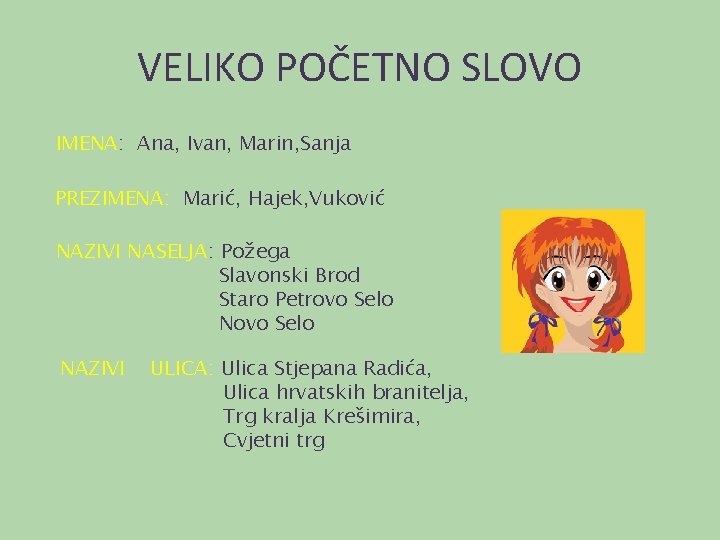 VELIKO POČETNO SLOVO IMENA: Ana, Ivan, Marin, Sanja PREZIMENA: Marić, Hajek, Vuković NAZIVI NASELJA: