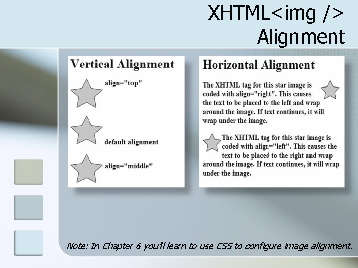 XHTML<img /> Alignment Note: In Chapter 6 you’ll learn to use CSS to configure