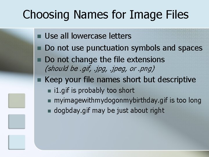 Choosing Names for Image Files n Use all lowercase letters Do not use punctuation