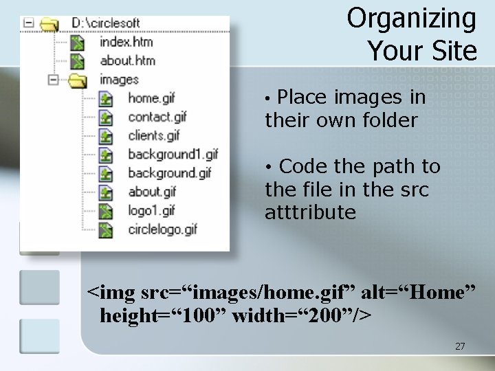 Organizing Your Site • Place images in their own folder • Code the path