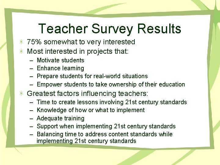Teacher Survey Results 75% somewhat to very interested Most interested in projects that: –