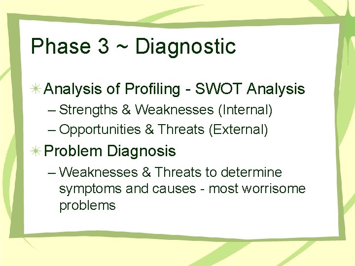 Phase 3 ~ Diagnostic Analysis of Profiling - SWOT Analysis – Strengths & Weaknesses