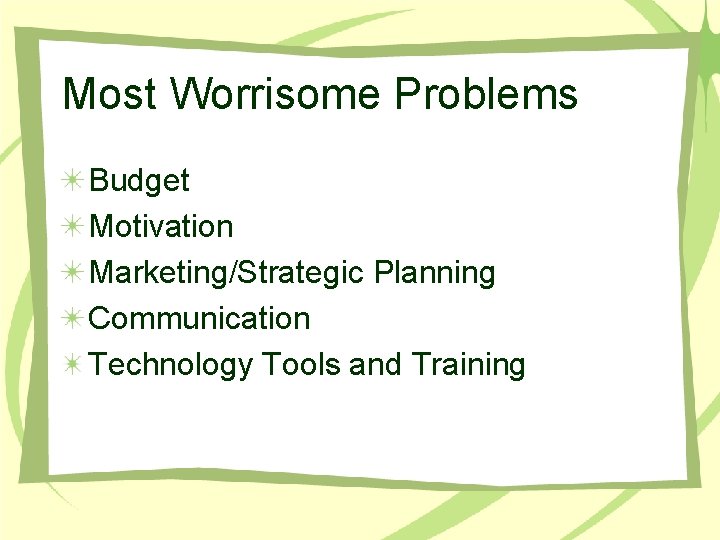 Most Worrisome Problems Budget Motivation Marketing/Strategic Planning Communication Technology Tools and Training 