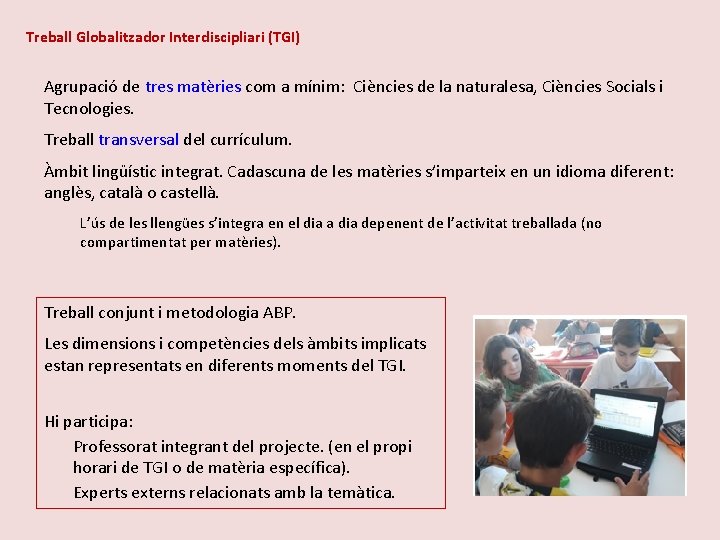 Treball Globalitzador Interdiscipliari (TGI) Agrupació de tres matèries com a mínim: Ciències de la